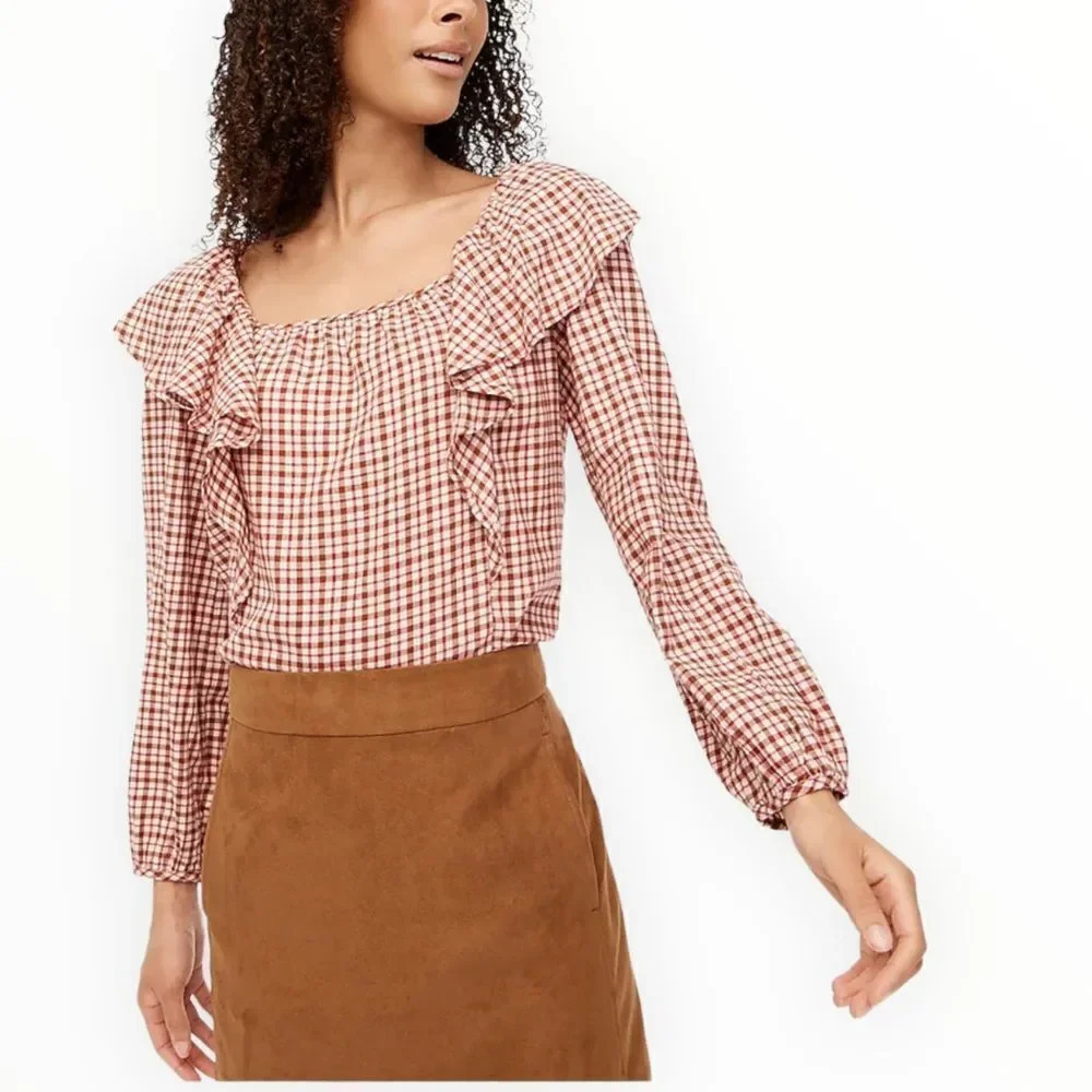 J CREW FACTORY | Dusty Ivory Brick Red | FLANNEL SQUARENECK RUFFLE TOP - Picture 2 of 11